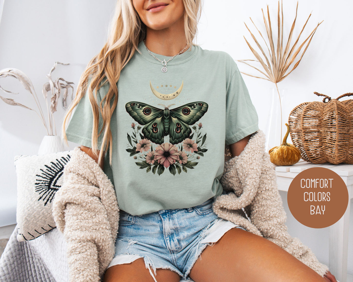 Bohemian Mystic Moon Phase Moth Comfort Colors Shirt