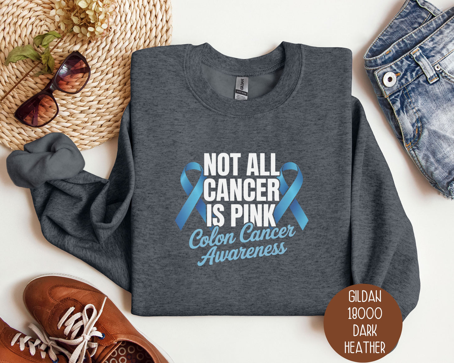 Not All Cancer is Pink Colon Cancer Blue Ribbon Awareness Sweatshirt