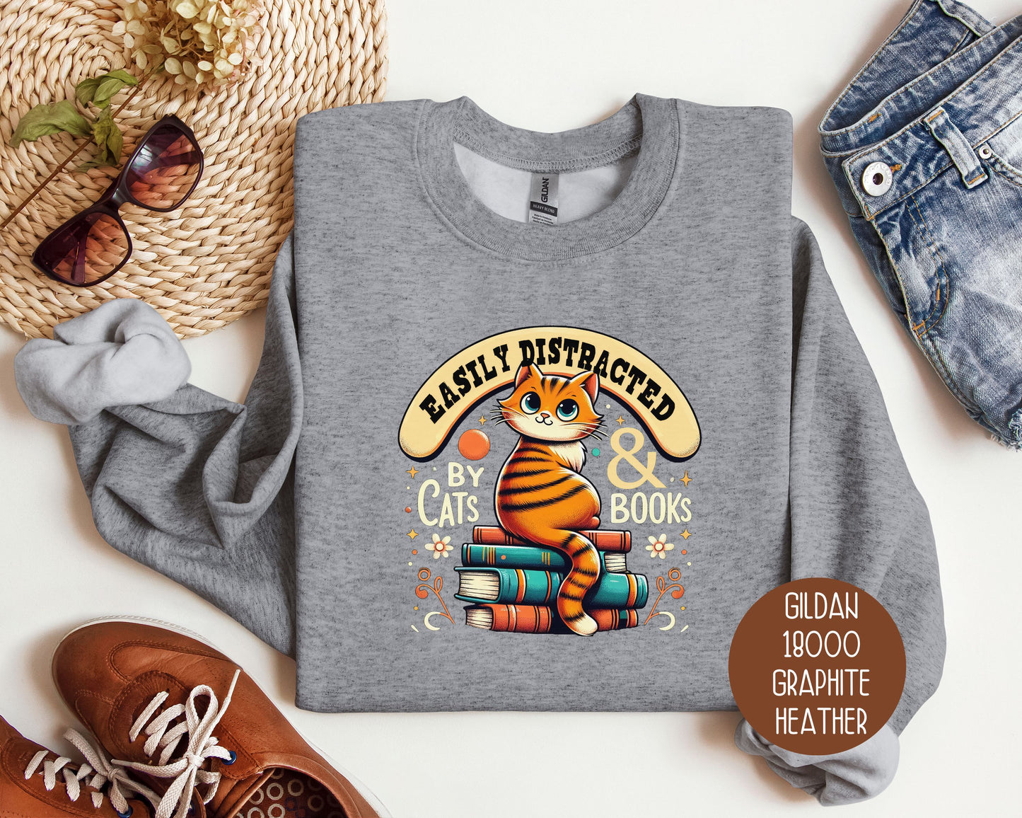 Easily Distracted by Cats and Books Sweatshirt