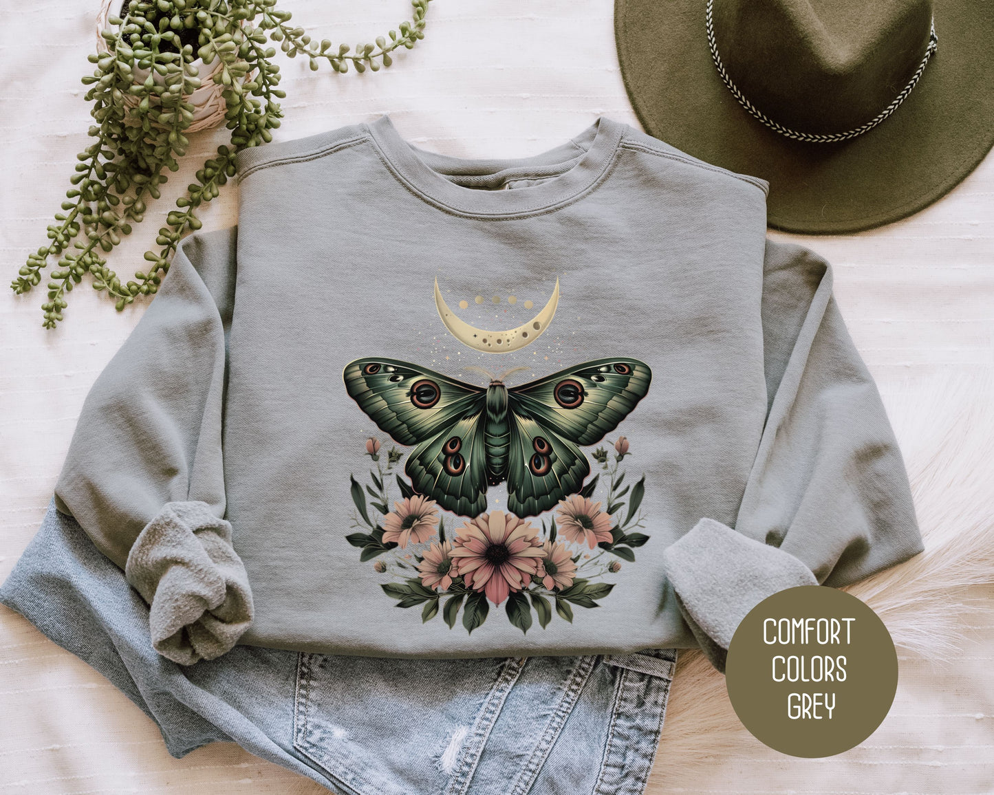Bohemian Mystic Moon Phase Moth Comfort Colors Sweatshirts