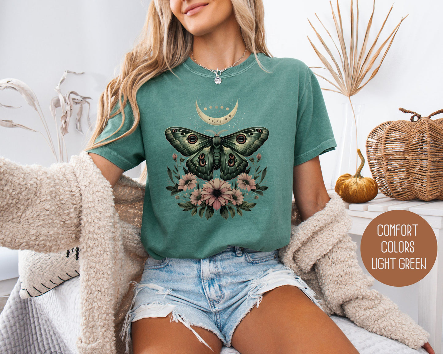 Bohemian Mystic Moon Phase Moth Comfort Colors Shirt