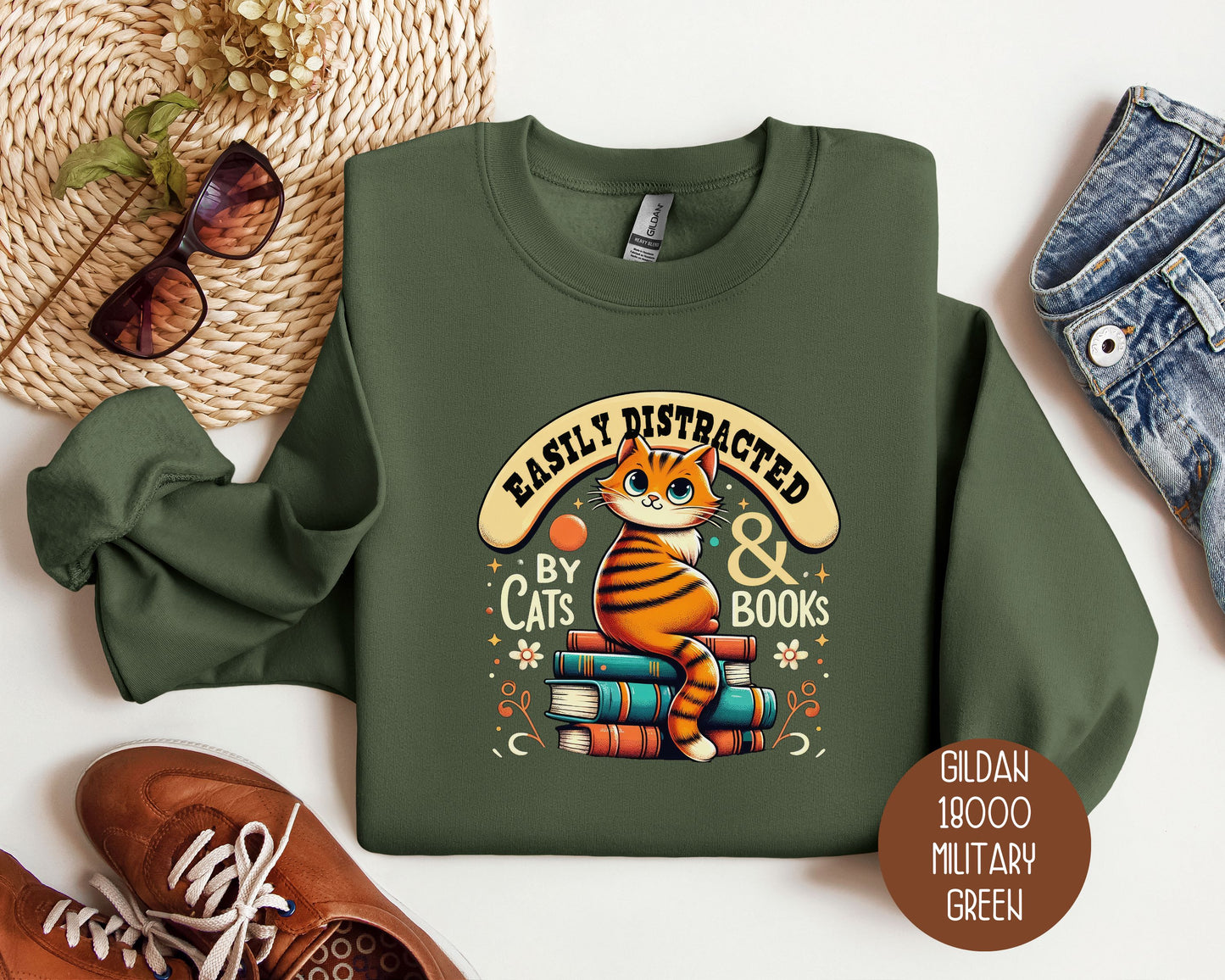 Easily Distracted by Cats and Books Sweatshirt