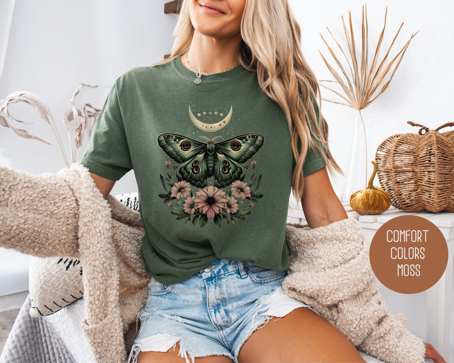 Bohemian Mystic Moon Phase Moth Comfort Colors Shirt