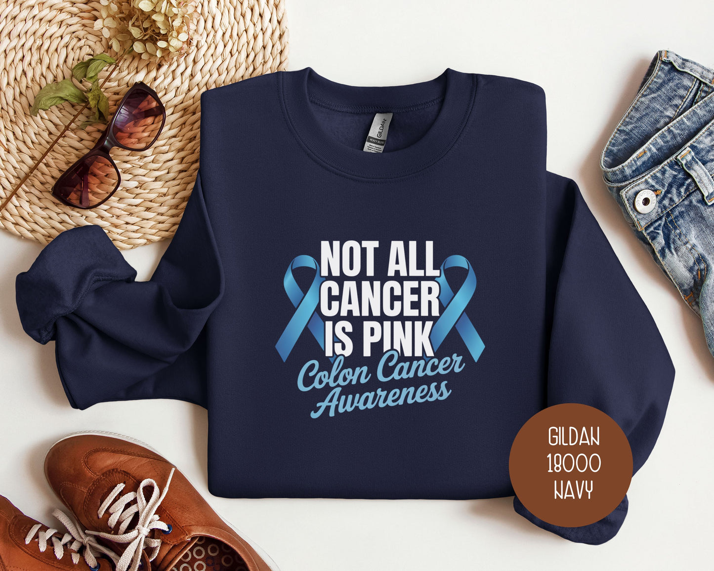 Not All Cancer is Pink Colon Cancer Blue Ribbon Awareness Sweatshirt