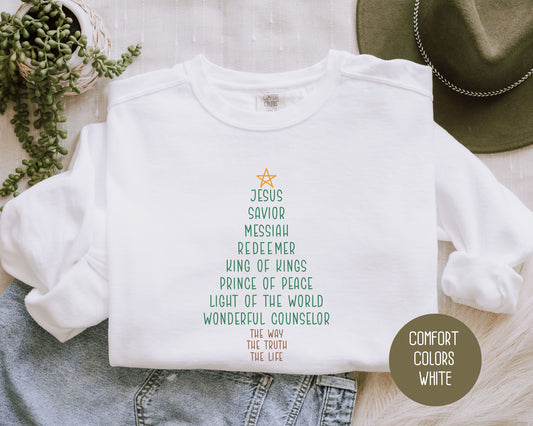 Names of Jesus Christmas Tree Comfort Colors Sweatshirt