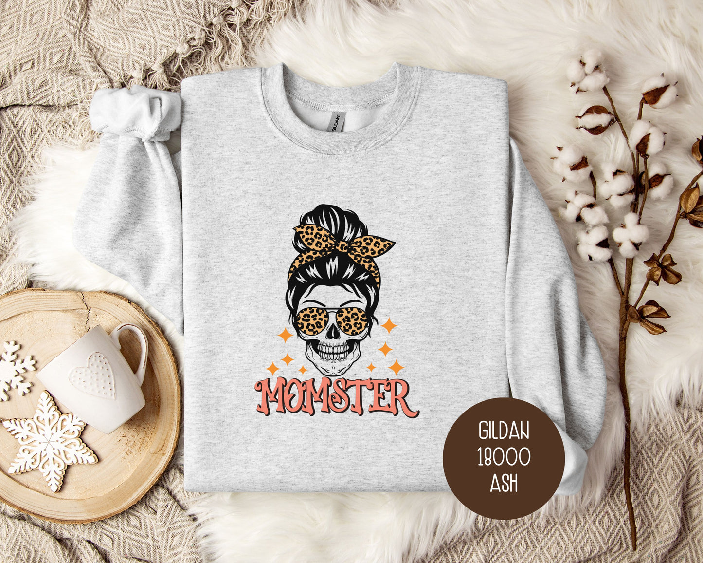 Momster Skeleton Leopard Messy Bun Halloween Sweatshirt