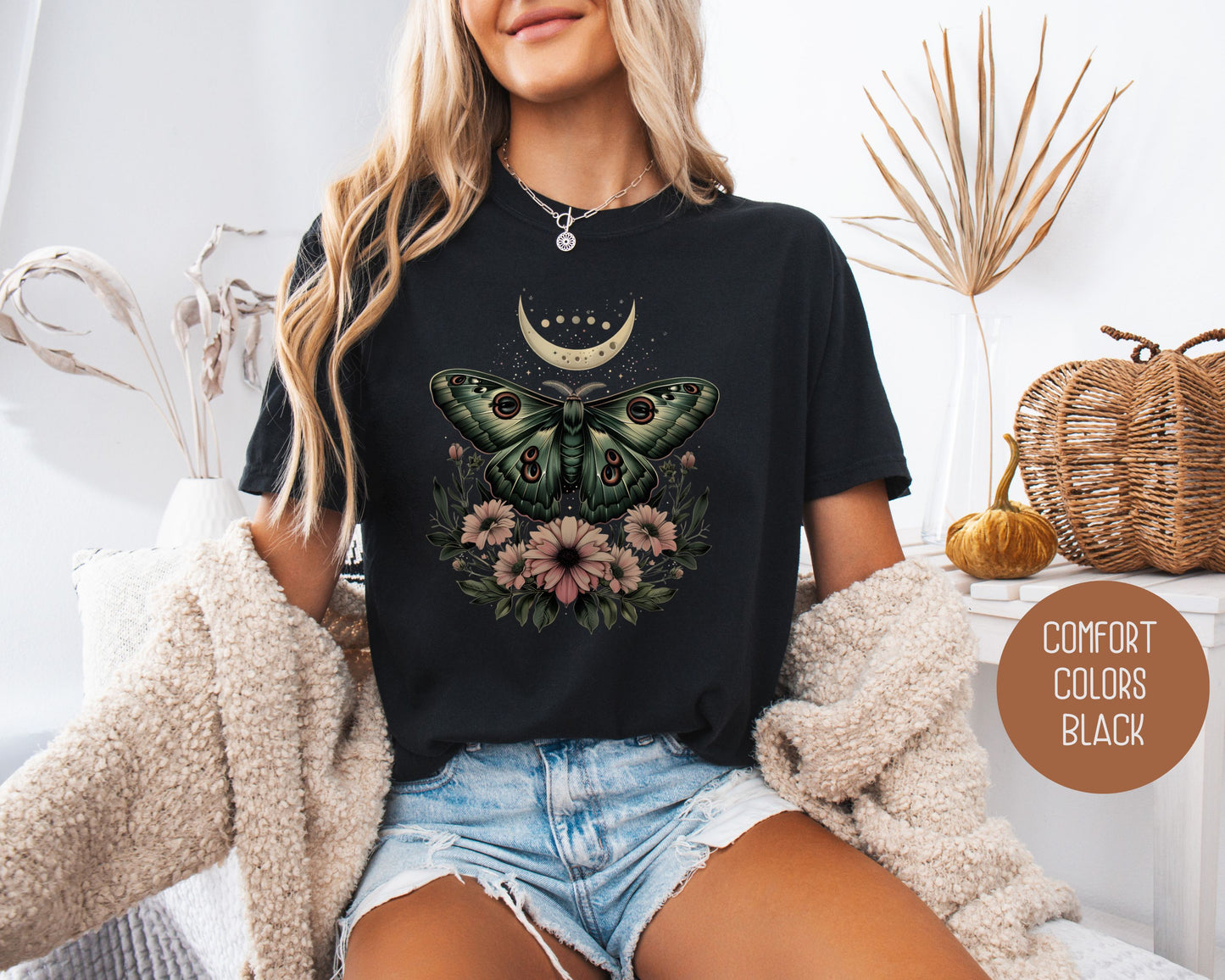 Bohemian Mystic Moon Phase Moth Comfort Colors Shirt