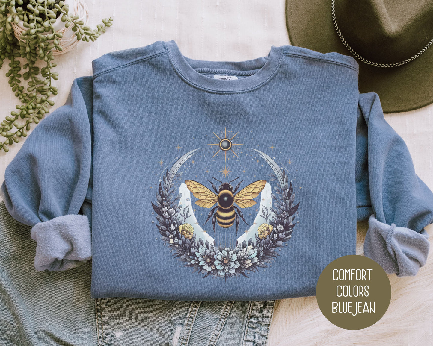 Boho Celestial Floral Bee Comfort Colors Sweatshirt