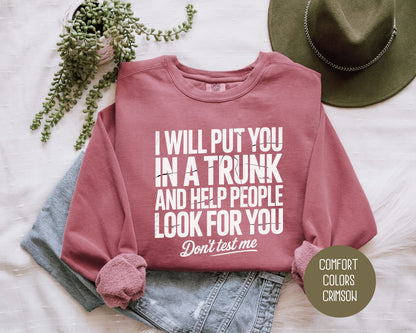 I Will Put You In A Trunk and Help People Look For You Don't Test Me Comfort Colors Sweatshirt Sweatshirt  CreativeSpecialTs