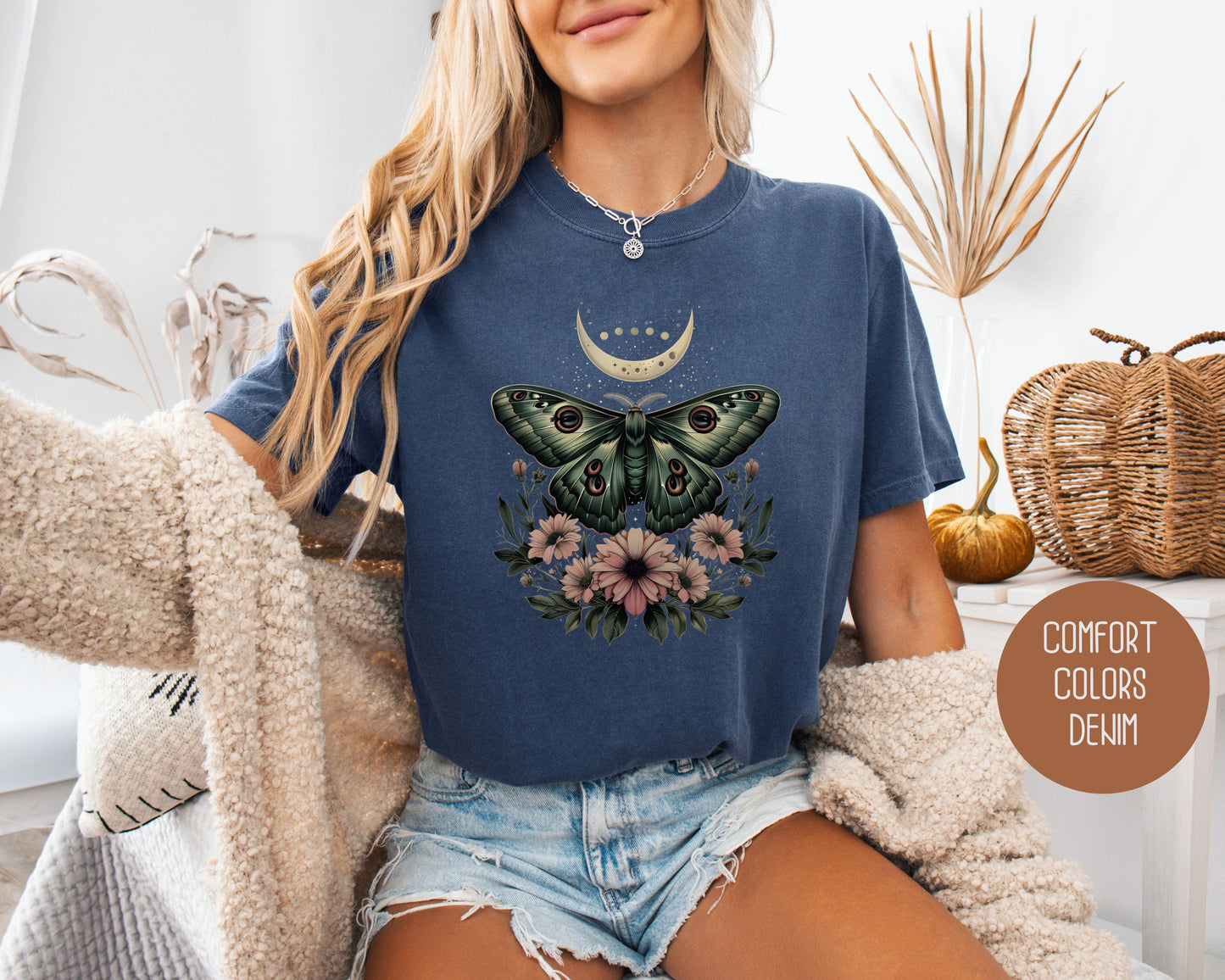 Bohemian Mystic Moon Phase Moth Comfort Colors Shirt