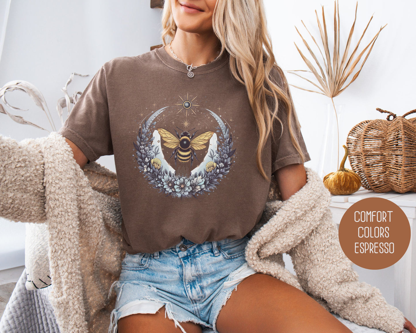 Boho Celestial Floral Bee Comfort Colors Shirt