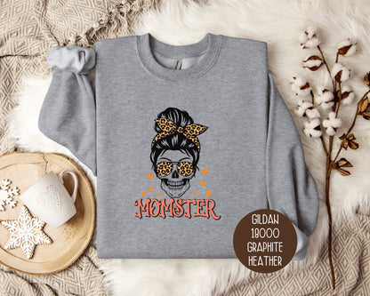 Momster Skeleton Leopard Messy Bun Halloween Sweatshirt