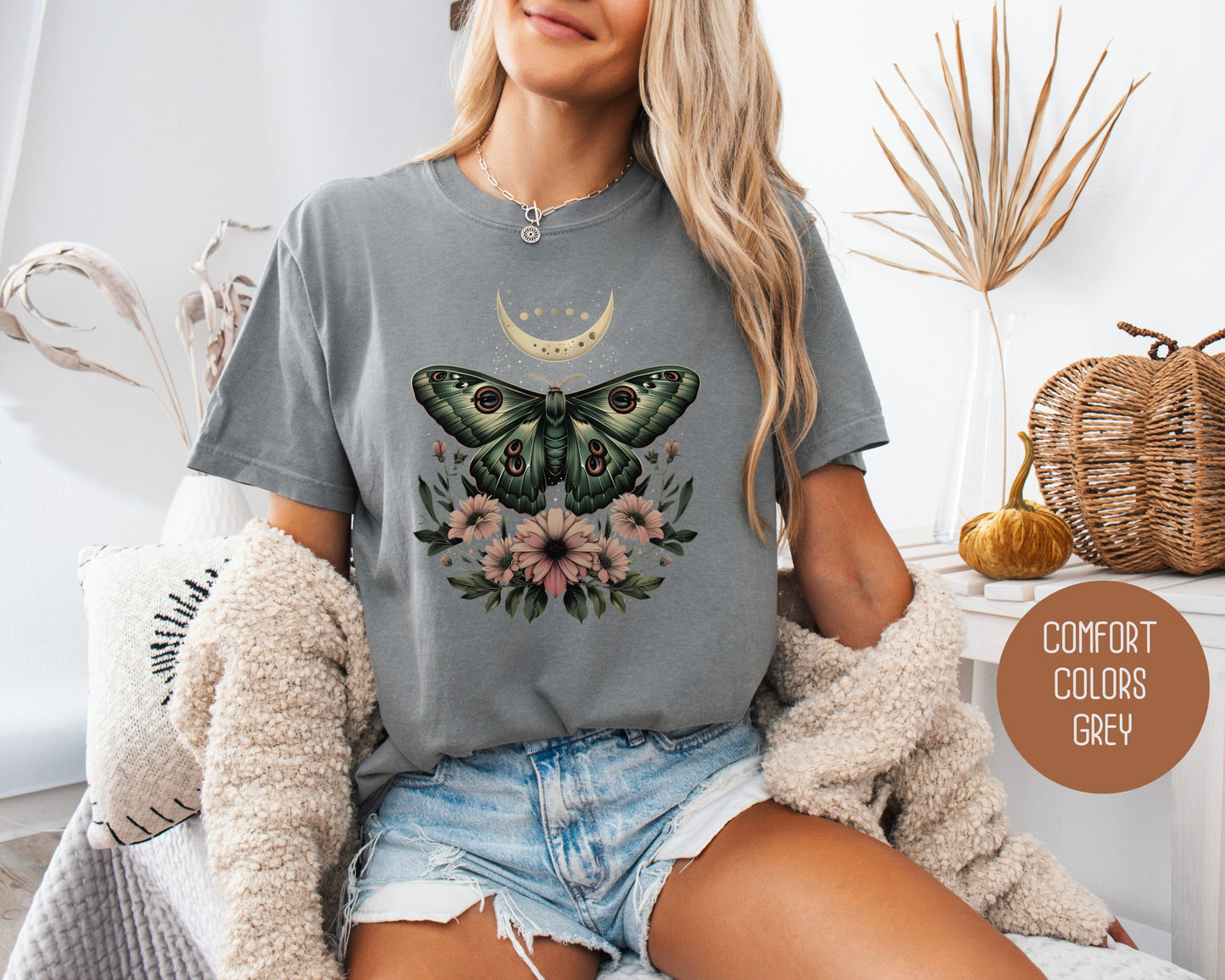 Bohemian Mystic Moon Phase Moth Comfort Colors Shirt