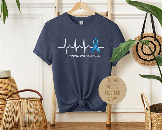 Running With Cancer Awareness Ribbon Heartbeat Shirt