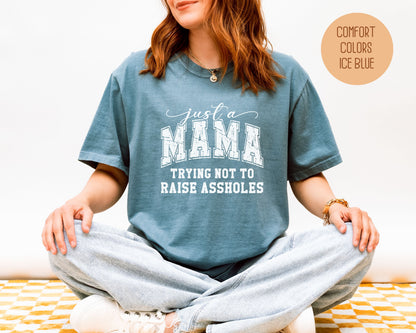 Just a Mama Trying Not To Raise Assholes Comfort Colors Shirt T-Shirt  CreativeSpecialTs