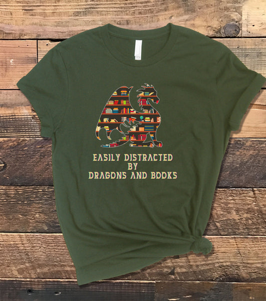 Easily Distracted by Dragons & Books T-Shirt, Dragon Shirt, Book Nerd Tee, Book Lover Gift, Book Addict, Funny Reading Shirt, Book Club Gift