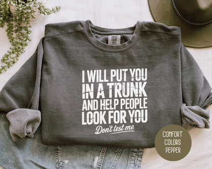 I Will Put You In A Trunk and Help People Look For You Don't Test Me Comfort Colors Sweatshirt Sweatshirt  CreativeSpecialTs