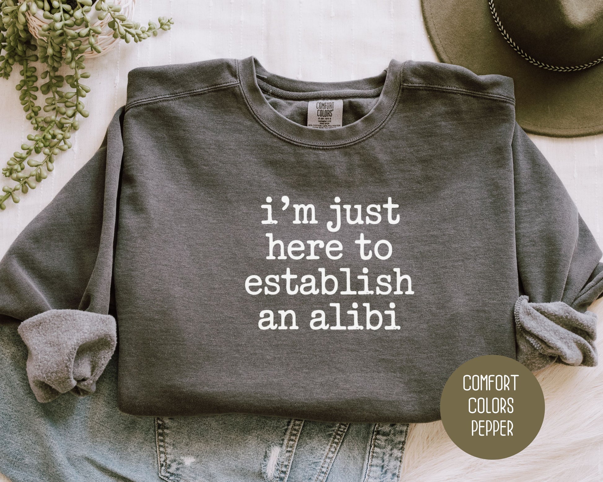 I'm Just Here to Establish an Alibi Comfort Colors Sweatshirt Sweatshirt  CreativeSpecialTs