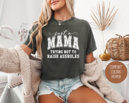 Just a Mama Trying Not To Raise Assholes Comfort Colors Shirt T-Shirt  CreativeSpecialTs