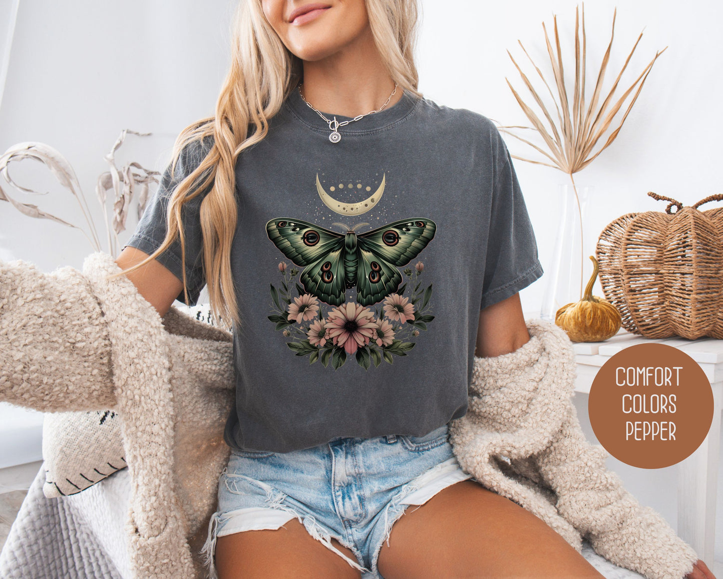 Bohemian Mystic Moon Phase Moth Comfort Colors Shirt