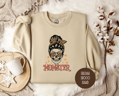 Momster Skeleton Leopard Messy Bun Halloween Sweatshirt