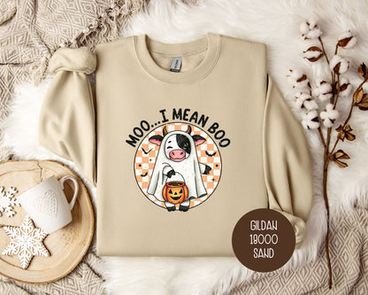 Moo I Mean Boo Retro Ghost Cow Halloween Sweatshirt