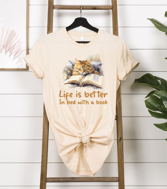 Book Lover Shirt,Reading Shirt, Book Shirt, Book Lover Gift, Life is Better in Bed with Book Shirt, Funny Tshirts, Cat Shirt, Cat Lover Gift