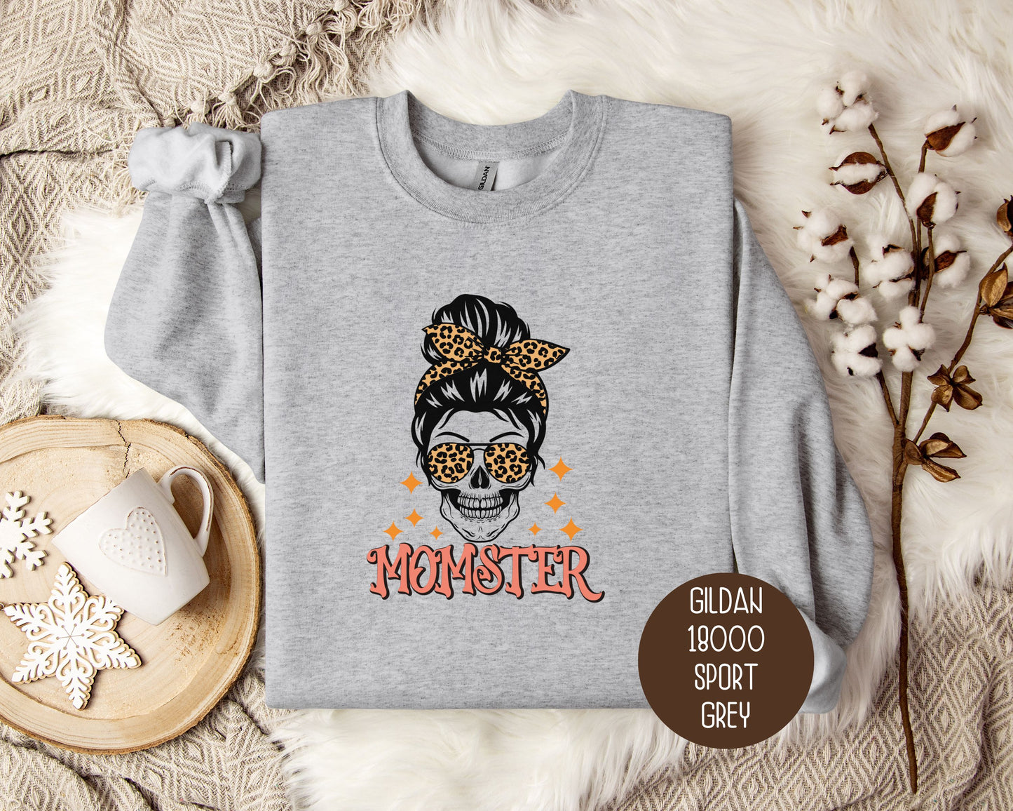 Momster Skeleton Leopard Messy Bun Halloween Sweatshirt