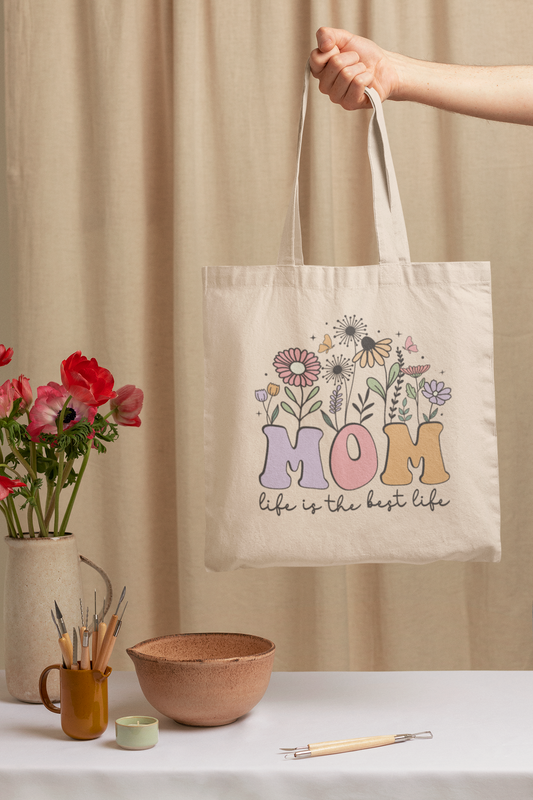 Mom Life is the Best Life Canvas Tote Bag, Baby Shower Gift for New Mom, Happy Mothers Day Gift, Reusable Grocery Bag for Mama