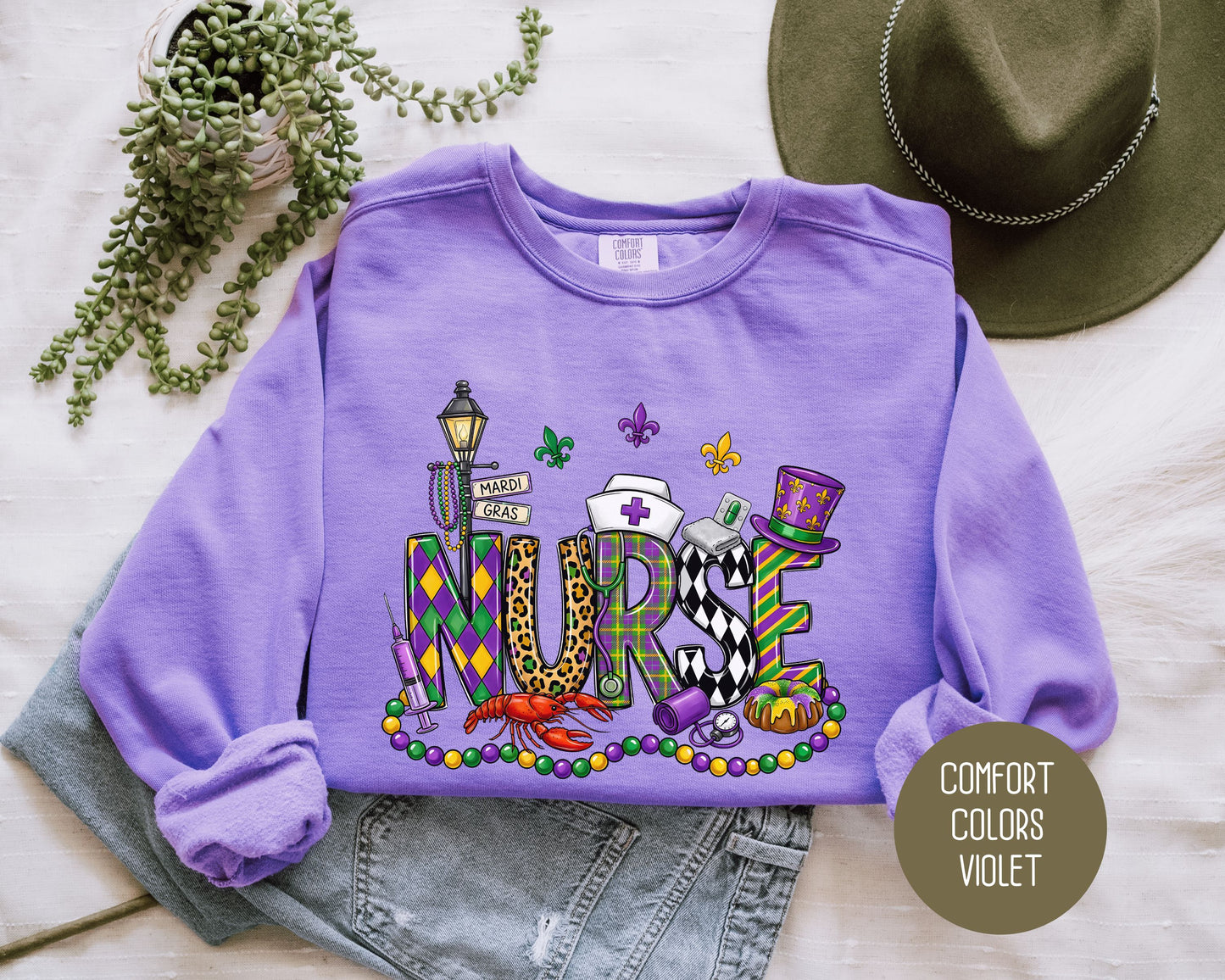 Mardi Gras Nurse Comfort Colors Sweatshirt Sweatshirt  CreativeSpecialTs